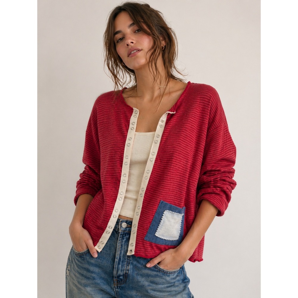 BETS Red SM Snap Boutique Cardigan Top Eclectic Artsy Indie Unique Patch Pocket